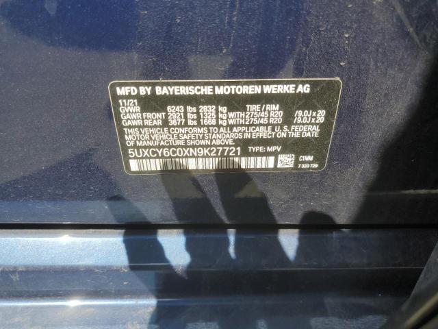 5UXCY6C0XN9K27721 - 2022 BMW X6 XDRIVE40I BLUE photo 10