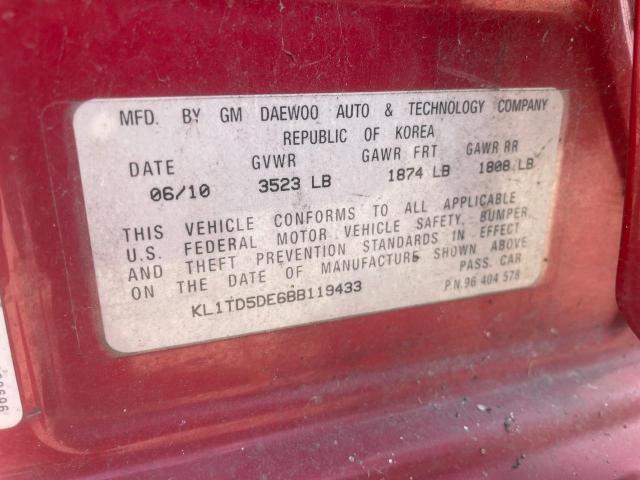 KL1TD5DE6BB119433 - 2011 CHEVROLET AVEO LS 红色 照片 10