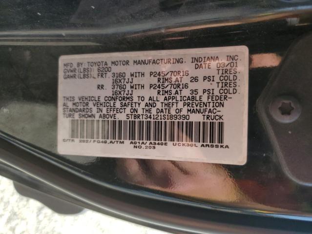 5TBRT34121S189390 - 2001 TOYOTA TUNDRA ACCESS CAB Noir photo 12