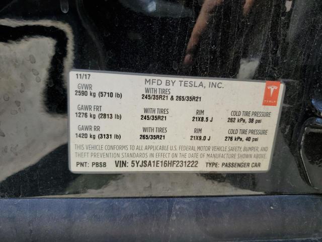 5YJSA1E16HF231222 - 2017 TESLA MODEL S შავი ფოტო 13