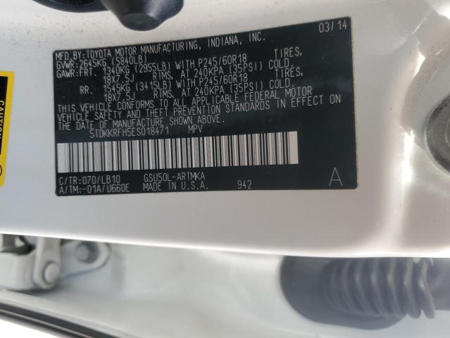 5TDKKRFH5ES018471 - 2014 TOYOTA HIGHLANDER XLE WHITE photo 13