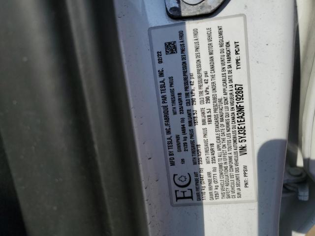 5YJ3E1EA3NF192867 - 2022 TESLA MODEL 3 თეთრი ფოტო 12