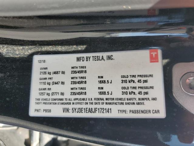 5YJ3E1EA8JF172141 - 2018 TESLA MODEL 3 BLACK photo 12