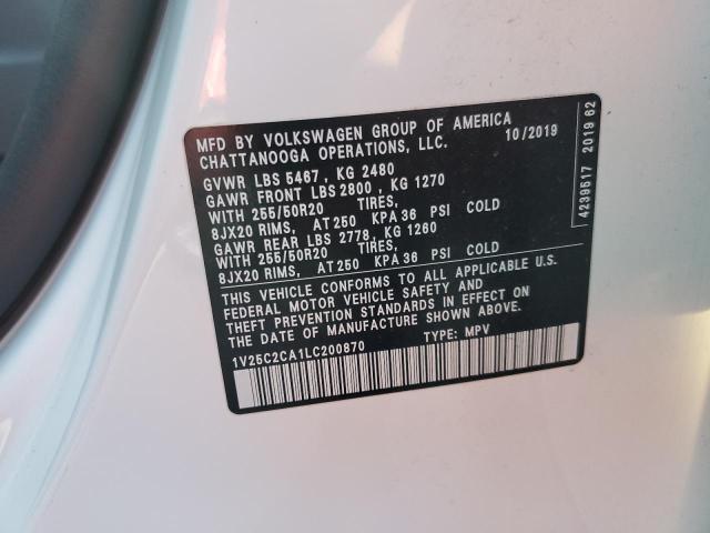 1V25C2CA1LC200870 - 2020 VOLKSWAGEN ATLAS CROS SE Белый фото 12