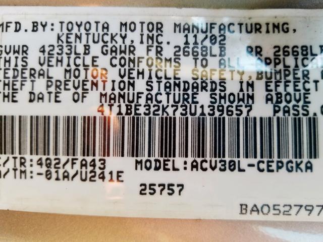 4T1BE32K73U139657 - 2003 TOYOTA CAMRY LE  photo 10