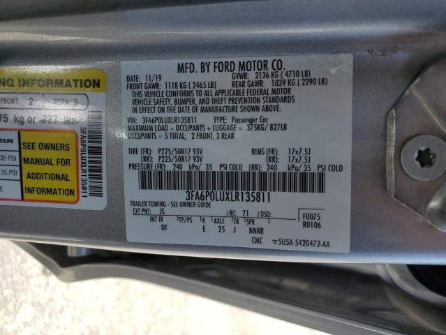 3FA6P0LUXLR135811 - 2020 FORD FUSION SE GRAY photo 12