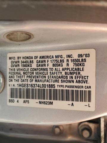 1HGES16374L001885 - 2004 HONDA CIVIC DX VP Gümüş foto 12