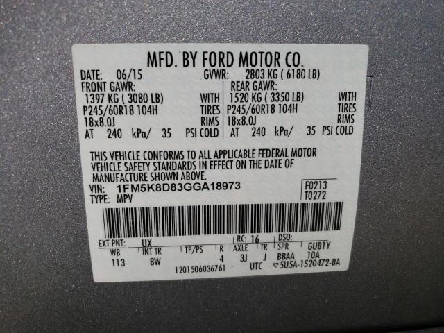 1FM5K8D83GGA18973 - 2016 FORD EXPLORER XLT SILVER photo 14