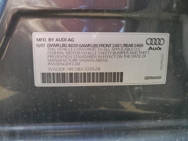 WAUDF78E28A103528 - 2008 AUDI A4 2.0T QUATTRO GRAY photo 12