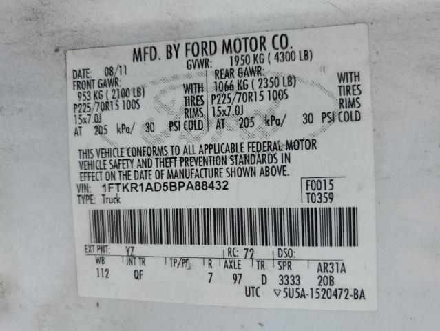 1FTKR1AD5BPA88432 - 2011 FORD RANGER WHITE photo 12