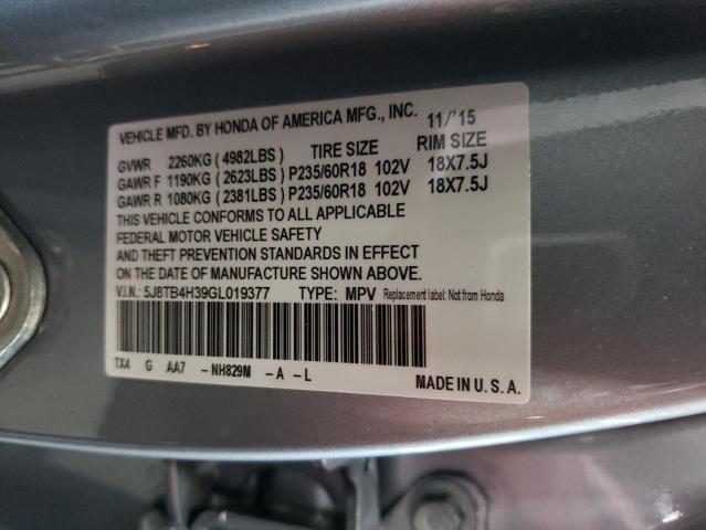 5J8TB4H39GL019377 - 2016 ACURA RDX SILVER photo 12