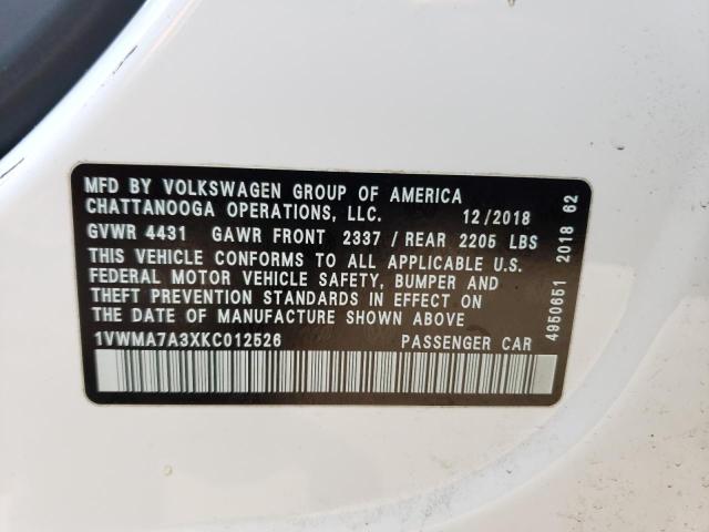 1VWMA7A3XKC012526 - 2019 VOLKSWAGEN PASSAT SE R-LINE WHITE photo 12