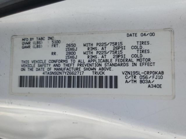 4TASN92N7YZ662717 - 2000 TOYOTA TACOMA XTRACAB PRERUNNER თეთრი ფოტო 12