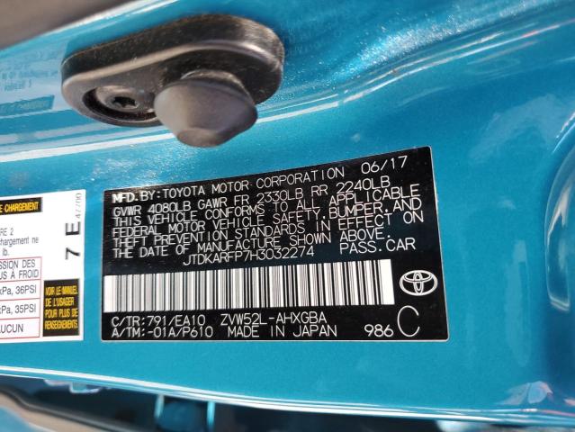 JTDKARFP7H3032274 - 2017 TOYOTA PRIUS PRIM TEAL photo 12