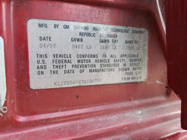 KL1TD56667B190788 - 2007 CHEVROLET AVEO BASE Qırmızı foto 12