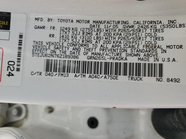 5TEJU62N76Z189386 - 2006 TOYOTA TACOMA DOUBLE CAB PRERUNNER WHITE photo 12