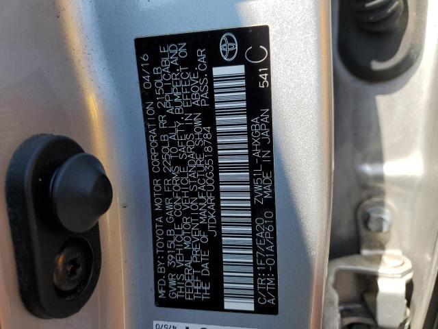 JTDKARFU0G3518784 - 2016 TOYOTA PRIUS SILVER photo 12