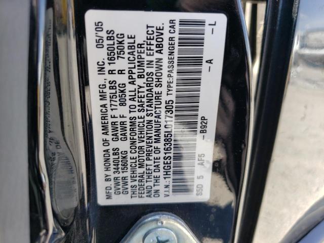 1HGES16385L017305 - 2005 HONDA CIVIC DX VP BLACK photo 12