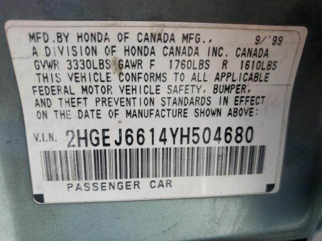 2HGEJ6614YH504680 - 2000 HONDA CIVIC BASE GREEN photo 12