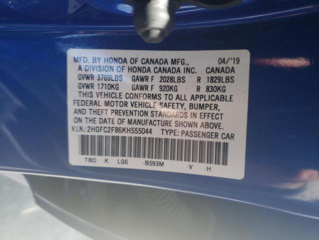 2HGFC2F86KH555044 - 2019 HONDA CIVIC SPORT 蓝色 照片 12