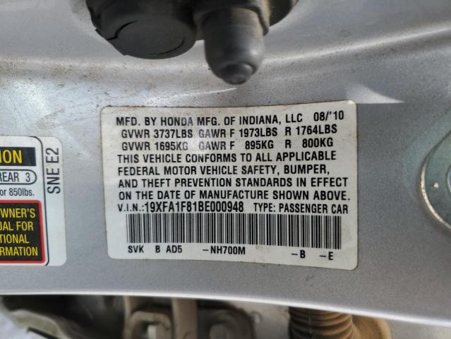 19XFA1F81BE000948 - 2011 HONDA CIVIC EX SILVER photo 12