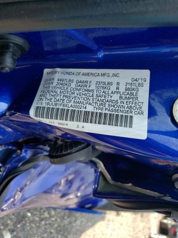 19UUB1F6XLA000214 - 2020 ACURA TLX TECHNOLOGY 蓝色 照片 12