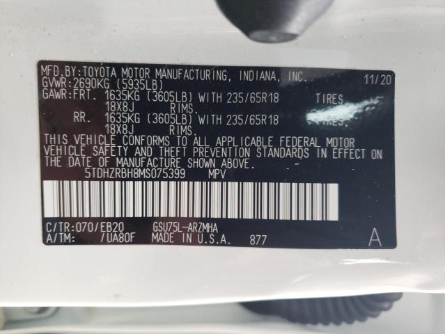 5TDHZRBH8MS075399 - 2021 TOYOTA HIGHLANDER XLE Weiß Foto 13