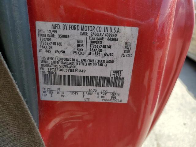 1FTSF30L5YEB91349 - 2000 FORD F350 SRW SUPER DUTY RED photo 12