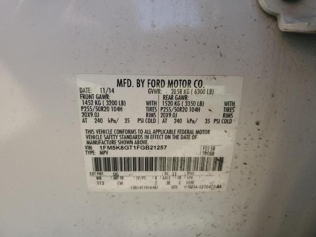 1FM5K8GT1FGB21257 - 2015 FORD EXPLORER SPORT WHITE photo 13