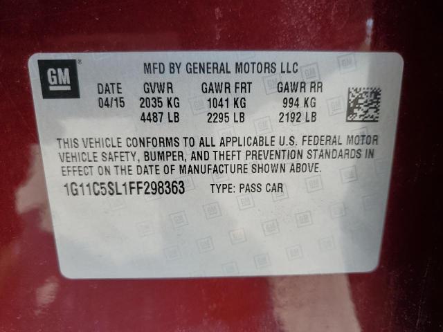 1G11C5SL1FF298363 - 2015 CHEVROLET MALIBU 1LT MAROON photo 12