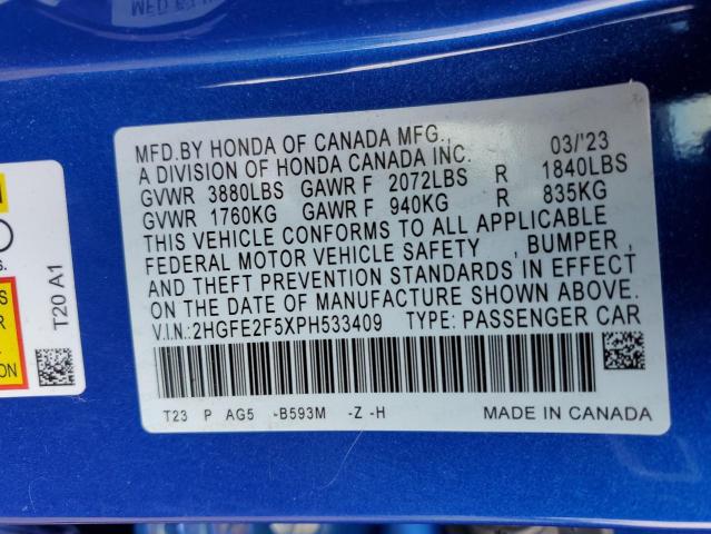 2HGFE2F5XPH533409 - 2023 HONDA CIVIC SPORT 蓝色 照片 12