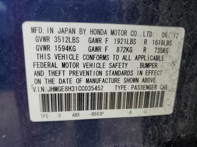 JHMGE8H31CC035452 - 2012 HONDA FIT BLUE photo 13