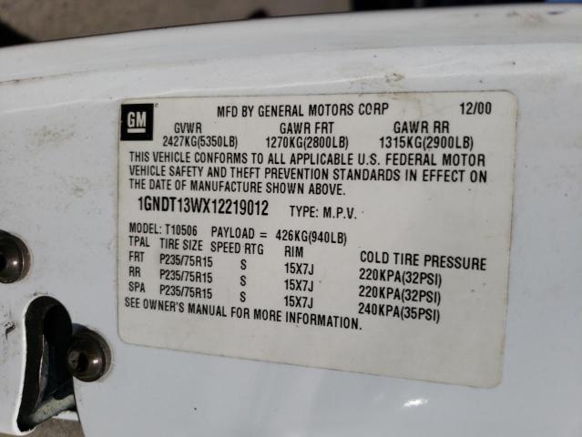 1GNDT13WX12219012 - 2001 CHEVROLET BLAZER WHITE photo 12