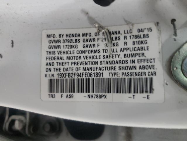 19XFB2F94FE061891 - 2015 HONDA CIVIC EXL WHITE photo 12