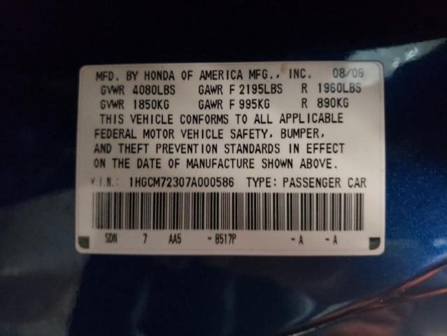 1HGCM72307A000586 - 2007 HONDA ACCORD LX BLUE photo 12