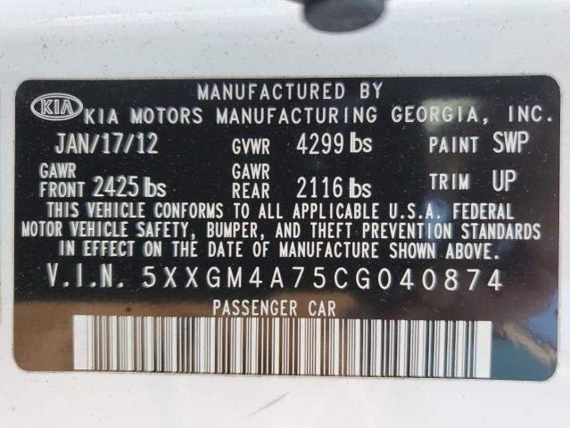 5XXGM4A75CG040874 - 2012 KIA OPTIMA LX WHITE photo 12