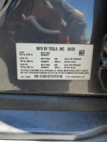 5YJSA1E27LF415148 - 2020 TESLA MODEL S ლურჯი ფოტო 12