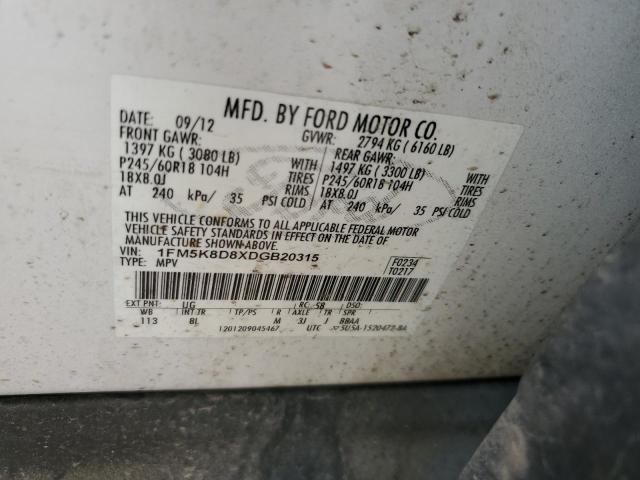 1FM5K8D8XDGB20315 - 2013 FORD EXPLORER XLT WHITE photo 13