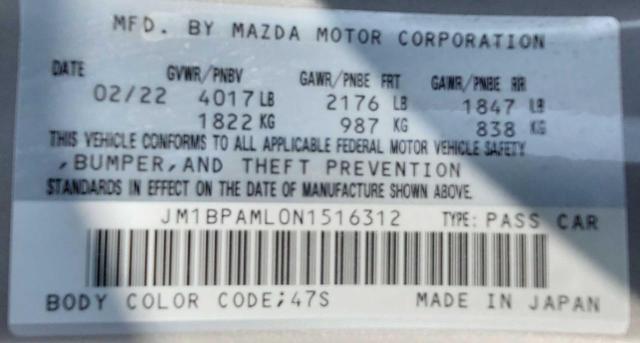 JM1BPAML0N1516312 - 2022 MAZDA 3 PREMIUM SILVER photo 10