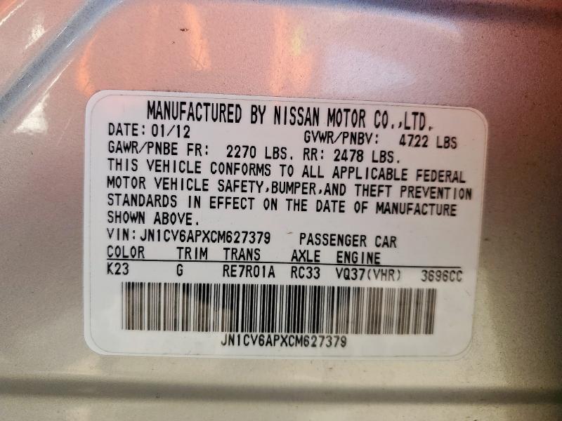 JN1CV6APXCM627379 - 2012 INFINITI G37 BASE SILVER photo 12