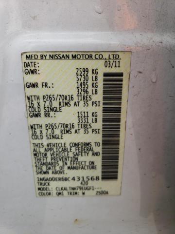 1N6AD0ER6BC431568 - 2011 NISSAN FRONTIER S WHITE photo 12