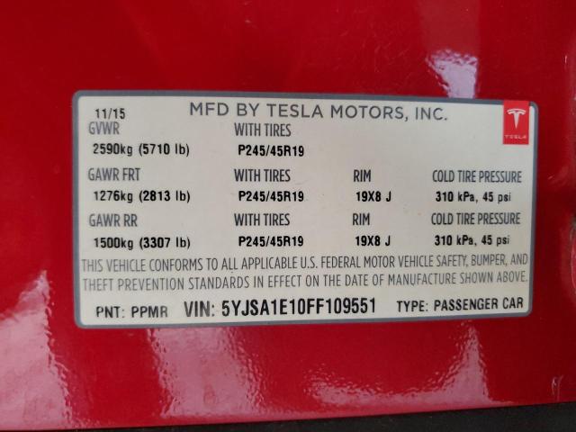 5YJSA1E10FF109551 - 2015 TESLA MODEL S წითელი ფოტო 12