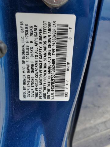 19XFB2F58FE062409 - 2015 HONDA CIVIC LX BLUE photo 12