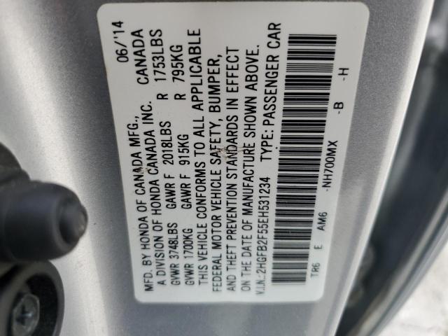 2HGFB2F55EH531234 - 2014 HONDA CIVIC LX SILVER photo 12