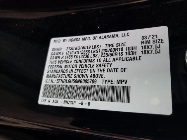 5FNRL6H50NB005709 - 2022 HONDA ODYSSEY EX BLACK photo 10