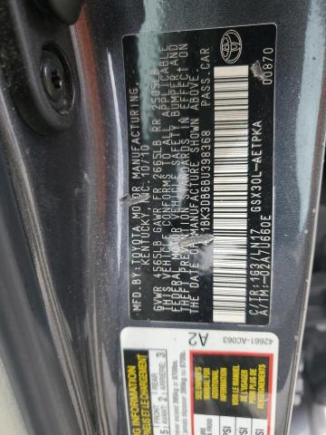 4T1BK3DB6BU398368 - 2011 TOYOTA AVALON BASE GRAY photo 12