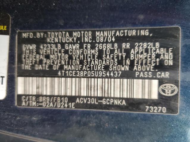 4T1CE38P05U954437 - 2005 TOYOTA CAMRY SOLA SE ლურჯი ფოტო 12