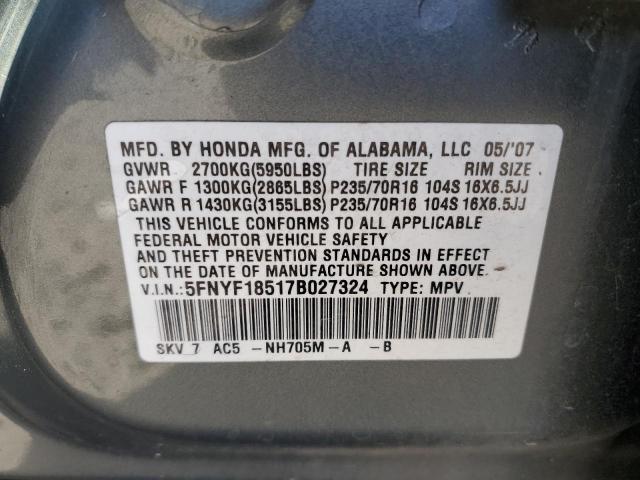 5FNYF18517B027324 - 2007 HONDA PILOT EXL GRAY photo 14