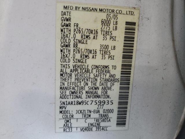 5N1AR18W95C759935 - 2005 NISSAN PATHFINDER LE 白色 照片 10