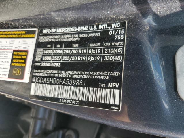 4JGDA5HB0FA539881 - 2015 MERCEDES-BENZ ML 350 4MATIC CHARCOAL photo 13